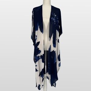 Modena Kimono OS Viscose Navy White Floral Coastal Beach Coverup Wrap